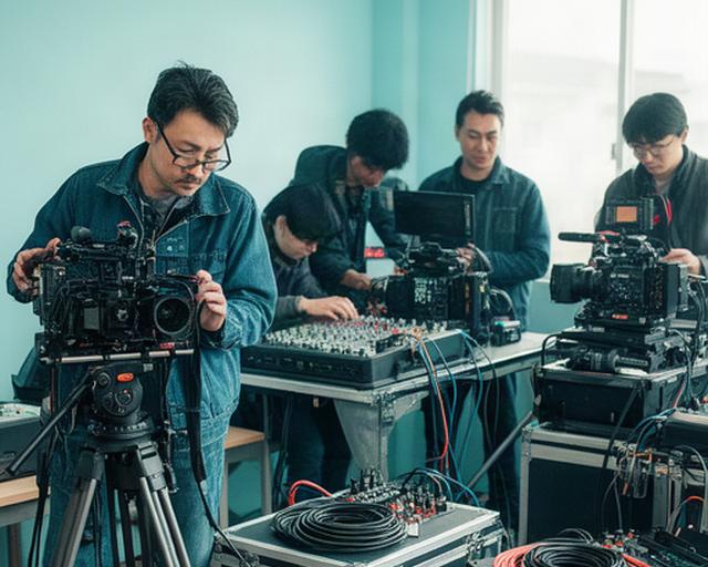 狛江の制作拠点で放送機材を確認する制作責任者とスタッフ