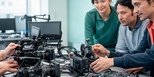 狛江の制作オフィスでスタッフが放送機材と進行表を確認している様子
