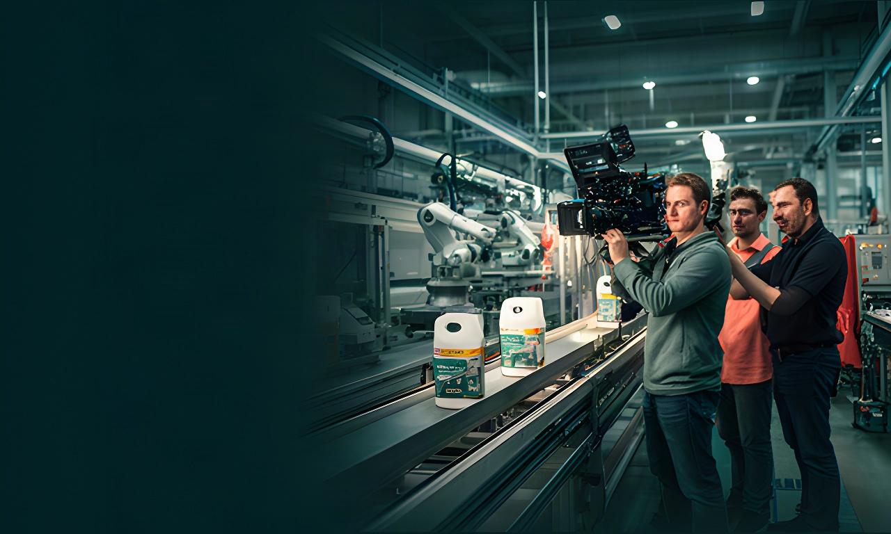 工場の製造ラインでスタッフが製品を撮影する企業プロモーション映像の現場